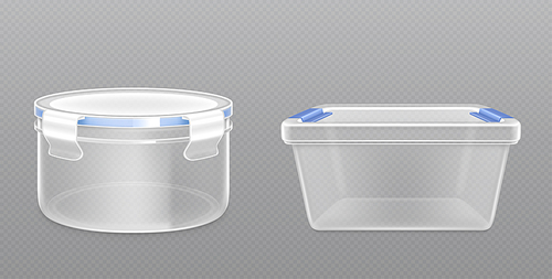 Empty clear package box closed by lid. Vector realistic mockup plastic container, kitchen bucket for dry products isolated on transparent 
