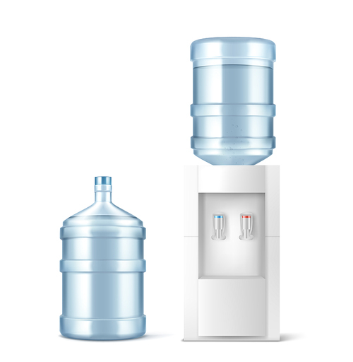 Water cooler and big bottle for office and home. Vector realistic mockup of dispenser for pouring hot and cold clean water and large plastic gallon isolated on white 