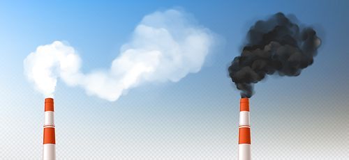 red white chimneys with smoke, pipes with steam set. industrial smog clouds, factory or plant flues isolated on blu sky , environmental air pollution concept realistic vector