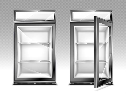 Mini refrigerator for beverages with advertising digital display and transparent close and open glass door. Empty fridge for food or drinks in store. Realistic 3d vector cooler with shelves front view