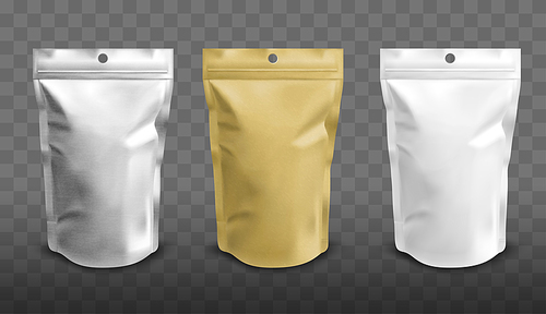 Foil pouch with zipper, doypack for food. Blank stand up plastic bags. Vector realistic mockup of white, silver and gold colored flex package with zip lock isolated on transparent 