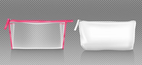 White and transparent cosmetic bag with zipper for makeup and beauty tools. Vector realistic mockup of blank fabric pouch with zip for toiletry, soap and body care products. Small beauticians for travel