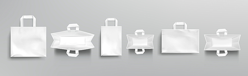 Paper shopping bags top and front view mockup, white packages with handles, blank rectangular ecological gift pack, isolated mock up for branding and corporate identity design, Realistic 3d vector set