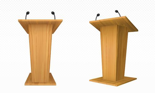 Wooden pulpit, podium or tribune front side view. Rostrum stand with microphone for conference debates, trophy isolated on transparent. Business presentation speech pedestal Realistic vector mock up