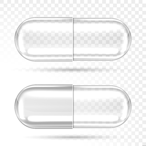 Empty pill capsules isolated on transparent . Vector realistic mockup of pharmaceutical capsule, medical tablet, antibiotic or herbal drug. Closed clear glass or plastic cylinder