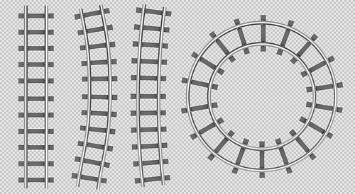 Train rails top view, railway track straight, curve and round path, steel sleepers for metro, logistics transportation construction isolated on transparent background. Realistic 3d vector illustration