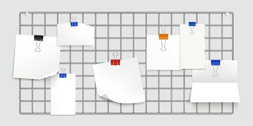 Memo grid board, wall organization with blank paper sheets for messages and notes pinned with clips. Modern office or apartment decor, workplace organizer. Realistic 3d vector illustration, mock up