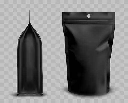 Foil pouch with zipper, doypack for food. Blank stand up plastic bag front and side view. Vector realistic mockup of black flex package with zip lock isolated on transparent background