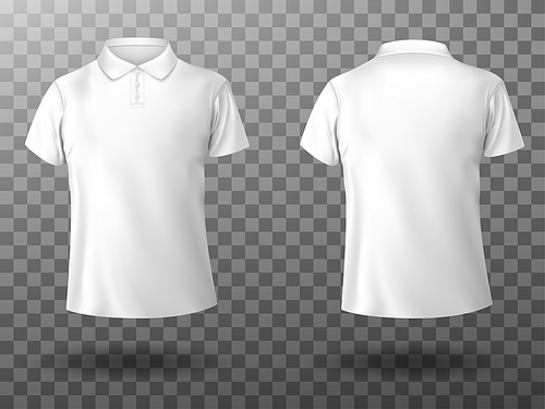 Men white polo shirt front and back view. Vector realistic mockup of male blank t-shirt with collar and short sleeves, sport or casual apparel isolated on transparent 