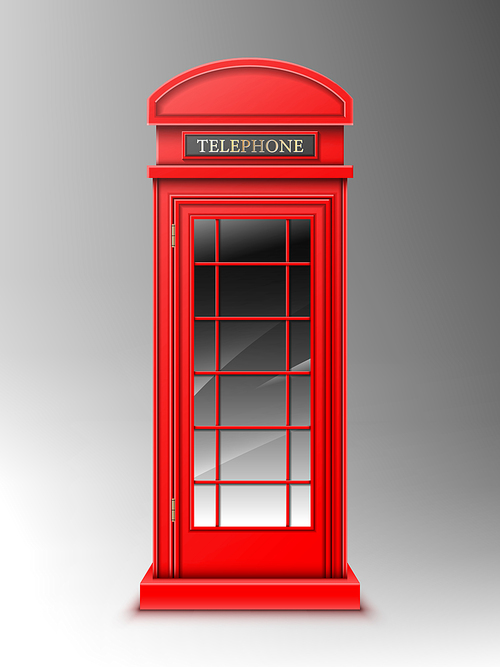 Vintage red telephone booth, classic London retro phone box. Close public English cabin for talks and communication, United Kingdom design isolated on grey background. Realistic 3d vector illustration