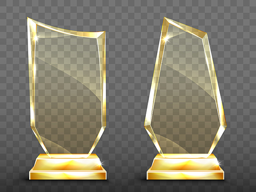 Glass trophy on gold base, transparent crystal winner award. Vector realistic blank clear acrylic prizes to best film, achievement, sport victory or academy success isolated on transparent background