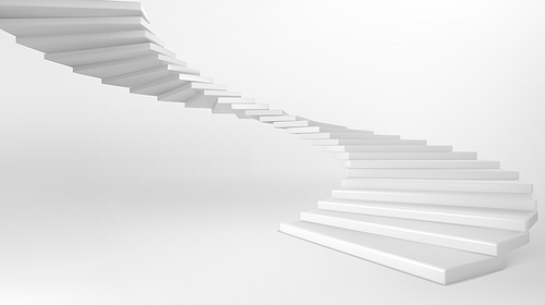 White spiral staircase isolated on . Vector realistic mockup of empty circular stair with white concrete steps. Concept of progress, business development and future success