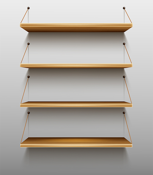 Empty wooden bookshelves on wall, shelves for books in library, wood rack hanging on ropes in store, brown timber planks for storage or gallery exhibition, realistic 3d vector illustration, mockup