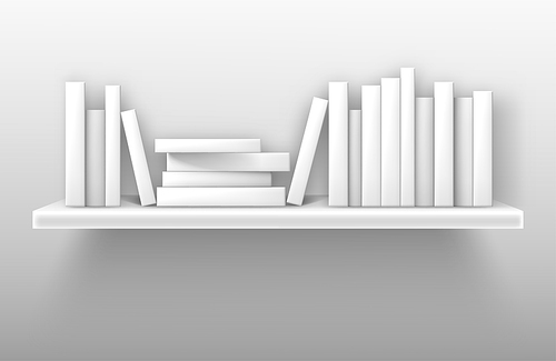 White bookshelf mockup, books on shelf in library, home, school or office interior. Volumes with blank paperback stand in row and lying in pile on rack hanging on wall, realistic 3d vector mock up