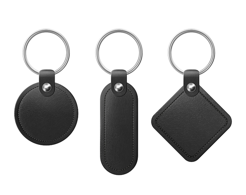 leather keychain, holder trinket for key with metal ring. vector realistic template of black fob for home, car or office isolated on white . blank accessory for corporate identity