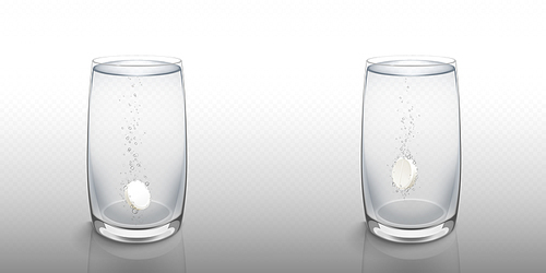 Effervescent soluble tablet in water glass isolated on transparent . Vector realistic mockup of white fizzy pill with bubbles, dissolving medicine drug, antibiotic or vitamin