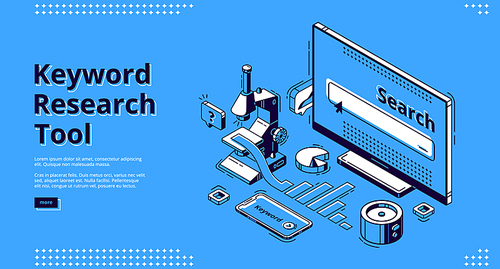 Keyword research tool isometric landing page. Microscope, smartphone, graph and pie chart lying around computer monitor. Seo optimization, analysis service 3d vector illustration, web banner line art