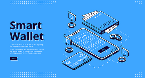 Smart wallet isometric landing page. Purse, credit card connected to smartphone with payment app on screen, secure money online transaction, nfc technology 3d vector illustration, line art web banner