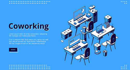 Coworking space isometric landing page. Empty office business center interior, workplace with computers on desks. Area for teamwork, freelance 3d vector illustration, line art, web banner, background.