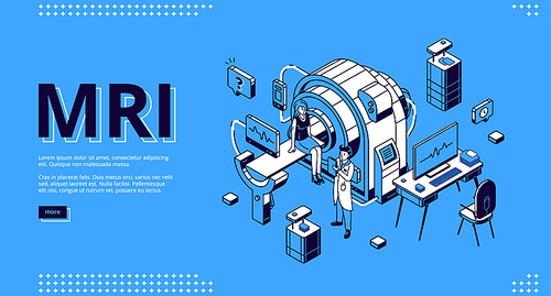 Mri scanner with patient and doctor isometric landing page. Woman in room for magnetic resonance imaging, digital technology in medicine diagnostic, ultrasonography 3d vector line art, web banner