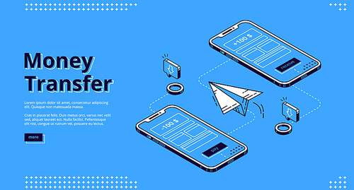 Money transfer isometric landing page. Online banking mobile phone application, send and receive smartphone transaction internet technology for gadgets on blue background 3d vector line art web banner
