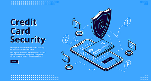 Credit card security isometric landing page. Money protection, online banking guarantee. Bank payment application, shield guard personal information on smartphone screen, 3d vector line art web banner