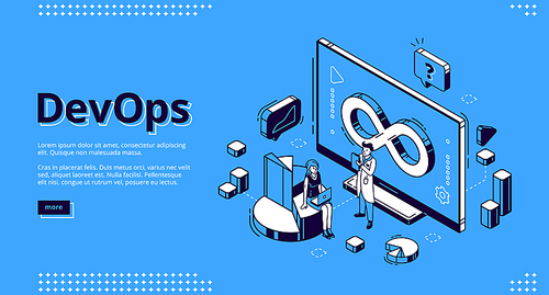 Devops isometric landing page, development and operation specialists work collaboration. Programmer and businesswoman at huge pc. Automation cycles software construction. 3d vector line art web banner