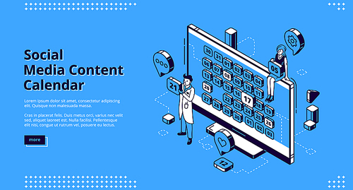 Social media content calendar isometric landing page, man and woman near huge desktop with month dates on screen, planning optimization marketing strategy, scheduling 3d vector line art web banner