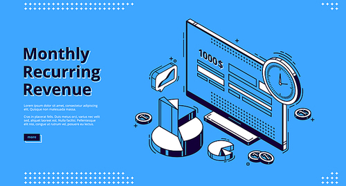 Monthly recurring revenue, mrr isometric landing page. Computer desktop with budget or payment calculator on screen, clock, coins and graphs around. Earning analysis 3d vector line art web banner