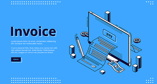 Invoice isometric landing page. Large bill for tax or service payment coming out of computer desktop screen. Shopping, banking, accounting paycheck, smart technologies 3d vector line art web banner