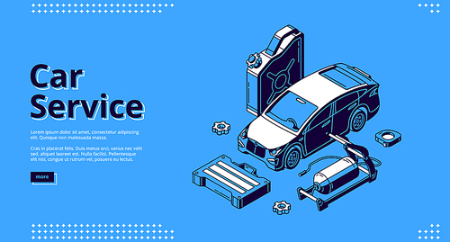 Car service banner for website. Auto maintenance, diagnostic and repair center. Vector landing page for mechanic garage, vehicle workshop with isometric icons of automobile and tools