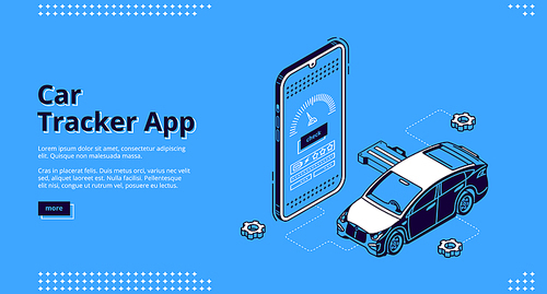 Car tracker app isometric landing page. Gps geolocation service for mobile phone. Automobile at huge smartphone with track application. Navigation and destination control 3d vector line art web banner