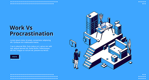 Work vs procrastination isometric landing page. Businessman choose between workplace with desk, laptop and working files or comfortable couch in living room. 3d vector concept, line art web banner