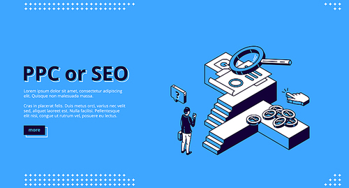 Ppc or Seo isometric landing page. Businessman with smartphone, clicking cursor, magnifier and coins. Pay per click business, cpc technology, search engine optimization, 3d vector line art web banner