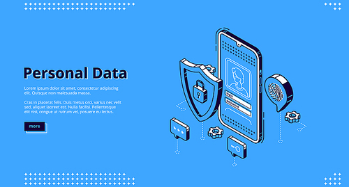 Personal data isometric landing page. Online access login and password enter page on smartphone screen, user account verification and privacy, website register form. 3d vector line art web banner.