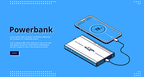 Powerbank isometric landing page. Smartphone with charging level on screen wire connected with power bank portable device. Mobile phone or cellphone low battery charger, 3d vector line art, web banner
