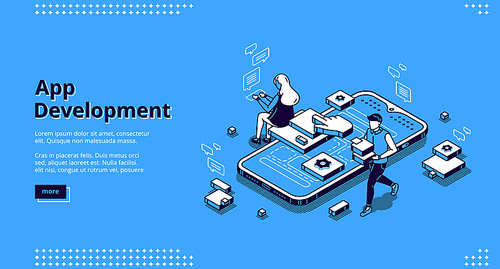 Mobile app development isometric landing page. User experience, ui ux phone interface design creation. Tiny people at huge smartphone work on gadget software application, 3d vector line art web banner