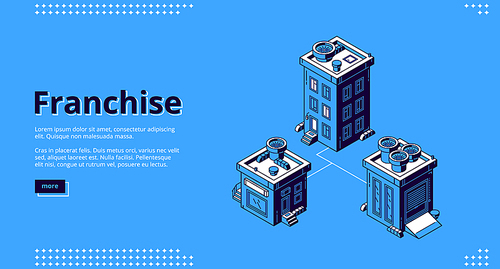 Franchise banner. Open branch, expanding business model concept. Vector landing page of growth brand chain store, franchising system with isometric icon of network of retail shops