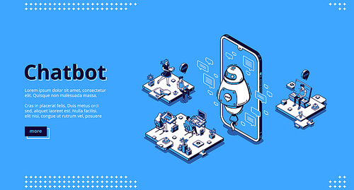 Chatbot banner. AI technology in business for support customers. Vector landing page of virtual assistant for online help to clients. Isometric office with working people and smartphone with robot