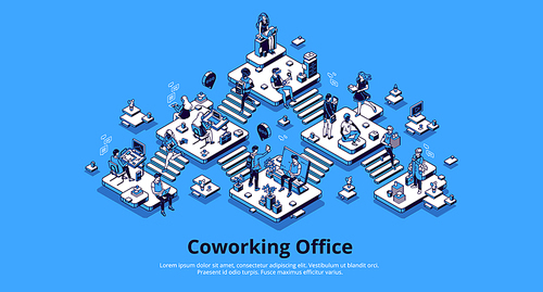Coworking office isometric landing page. Business center interior, workplace with people work on computers, gadgets and relax. Area for teamwork, freelance 3d vector illustration, line art, web banner