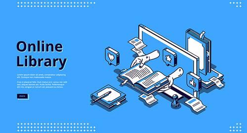 Online library isometric landing page. internet service, app for reading. Human hands holding book on computer desktop, digital technologies in education and studying, 3d vector line art web banner