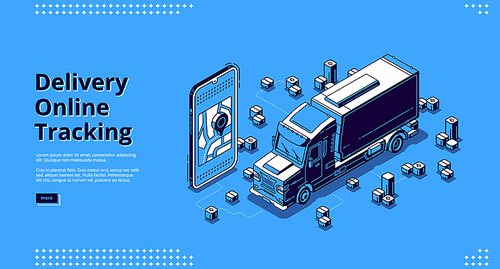 Delivery online tracking banner. Mobile service for track cargo shipment and freight transportation. Vector landing page with isometric smartphone with map application and truck