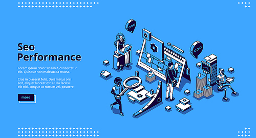 SEO performance isometric landing page. Optimization technology for internet marketing and digital business content. Office people and robot at huge calendar, workflow 3d vector line art web banner