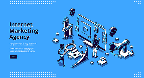 Internet marketing agency banner. Strategy of promotion and advertising company in social media and web. Vector landing page with isometric working people, computer and megaphone