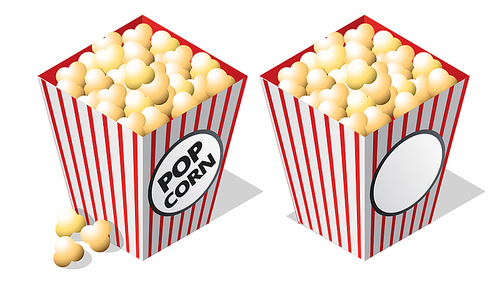 Cinema isometric icon, striped popcorn bucket with shadow cartoon vector illustration isolated on white . Movie industry element, white and red cardboard container with popcorn