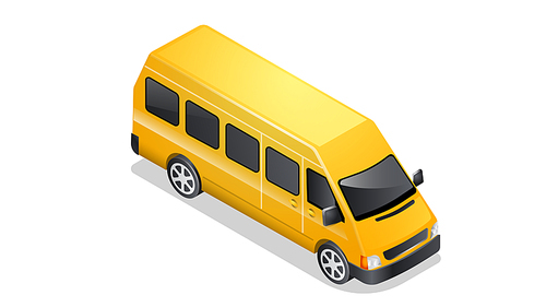 Isometric car icon isolated on white . Vehicles for passenger transportation, yellow taxi mini van with shadow and highlights
