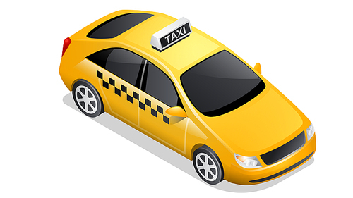 Isometric car icon isolated on white . Vehicles for passenger transportation, yellow taxi sedan or checkered cab with black tinted glass and shadow and highlights