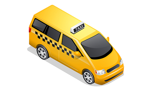 Isometric car icon isolated on white . Vehicles for passenger transportation, yellow taxi mini van or checkered cab with shadow and highlights
