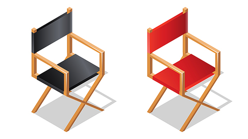 movie or film director chair isometric icon with shadow, cartoon vector illustration. foldable black and red wooden 3d seats for producer or actor isolated on a