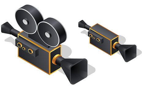 Retro movie camera isometric icons, cartoon vector illustration. Video camera with reels of film, equipment for video recording